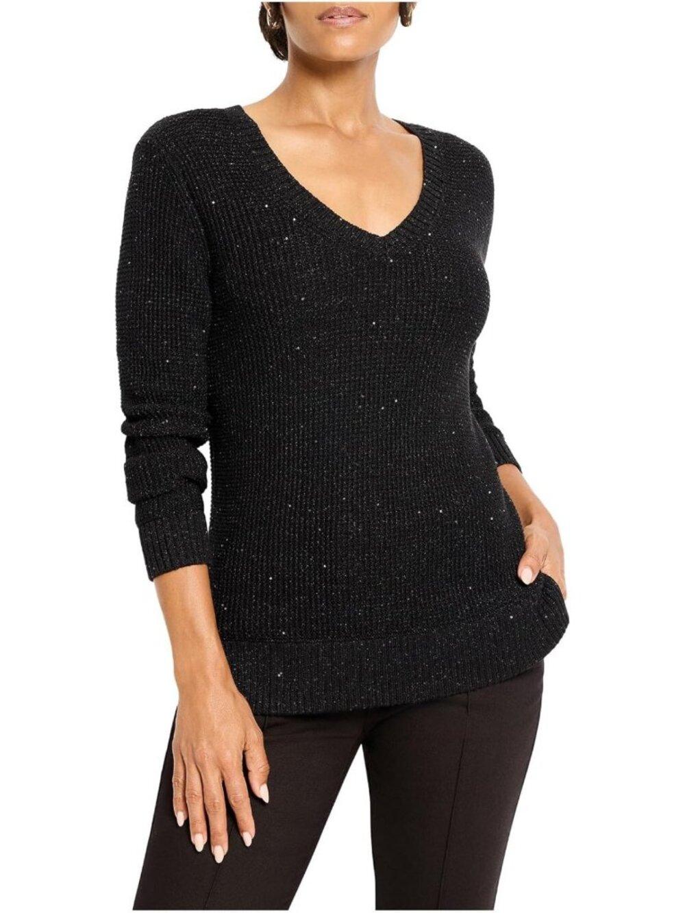 Shimmer Waffle V-Neck Sweater - Cozy Knit Top for Effortless Style & Comfort